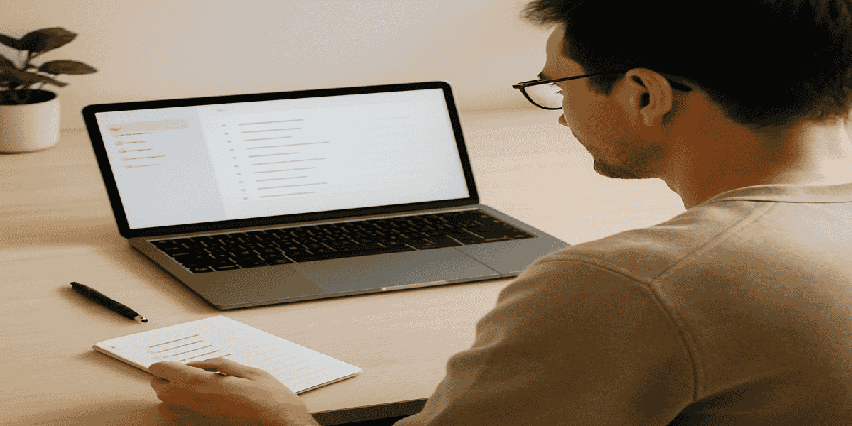 View of laptop screen overlooking man shoulder